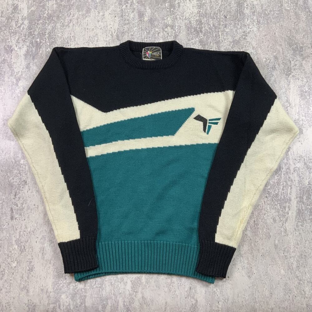 Vintage Tyrolia Sweater Mens Large Green Pullover Crewneck Knit Geometric Wool